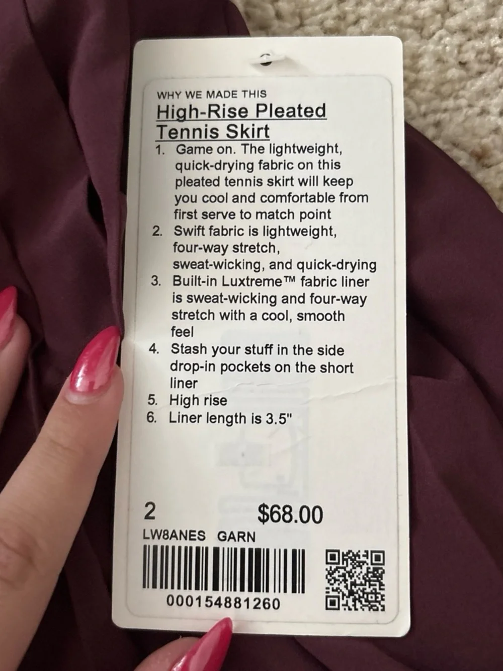 Maroon pleated tennis skirt lululemon